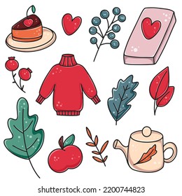 Set of cute and cozy items for autumn and winter compositions. Knitted sweater, book, teapot, pie, apple, foliage and berries cartoon. Isolated hand drawn elements vector illustration