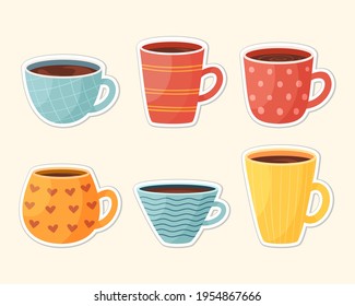 Set of cute cozy mug stickers. Hot drinks in cartoon style in different prints. Vector illustration isolated. Clip-art cups with tea and coffee
