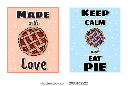 Set of cute cozy postcard with berry pies. Handmade top view pastry. Hygge festive greetings stationery posters