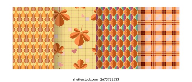 Set of cute cozy and simple autumn patterns. Checkered ornament, autumn leaves and pumpkins. Vector