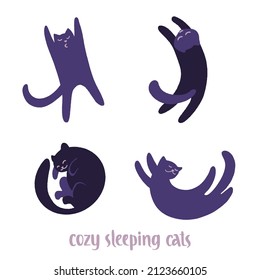Set of cute and cozy sleeping black cats overhead top view. Pets in different sleep poses. Vector decorative illustration in trendy flat style.