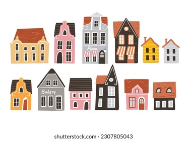 Set of cute cozy vintage houses. Colorful buildings. Gallery of old beautiful european vintage building facades. Old street of european town city with old style houses. Urban landscape. 