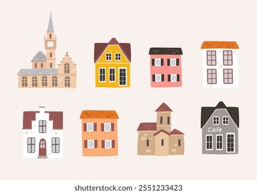 Set of cute cozy vintage houses. Colorful buildings. Gallery of old beautiful european vintage building facades. Old street of european town city with old style houses. Urban landscape. 