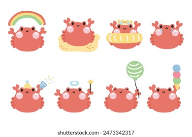 Set of cute crab round shape pastel in various poses and feeling on white background.Underwater life animal character cartoon design collection.Marine.Summer.Sea and beach.Kawaii.Vector.illustration.