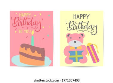 Set of cute creative birthday card templates. Hand Drawn card for birthday, party invitations, scrapbook, summer holidays. Vector illustration in pink, green and turquoise colors