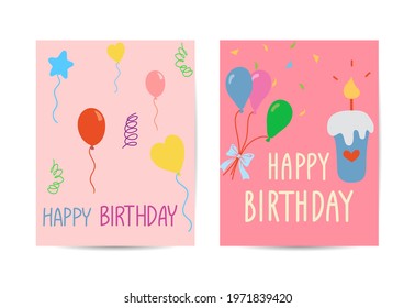 Set of cute creative birthday card templates. Hand Drawn card for birthday, party invitations, scrapbook, summer holidays. Vector illustration in pink, green and turquoise colors