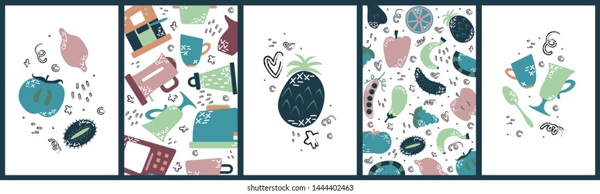 Set of cute creative card with fruits and vegetables, kitchen appliances.