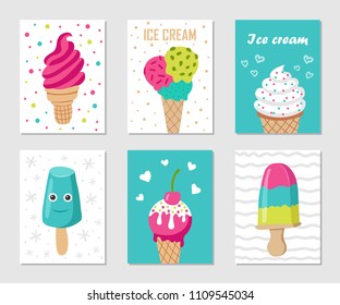 Set of cute creative card templates with ice cream theme design. Vector illustration.