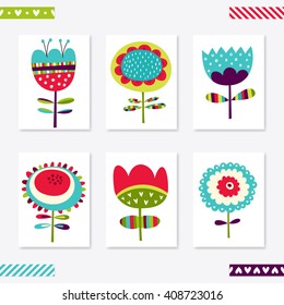 Set of cute creative card templates with flower theme design. Hand Drawn. For wedding, birthday, anniversary, party invitations, Valentine's day. Vector illustration. Turquoise, red, green, purple.