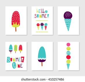 Set of cute creative card templates with ice cream  theme design. Hand Drawn. For birthday, anniversary, party invitations. Vector illustration. Turquoise, red, green, purple.