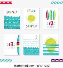 Set of cute creative card templates with marine theme design. Hand Drawn card for summer holidays, party invitations, scrapbooking,. Vector illustration. Blue, red, green, purple.