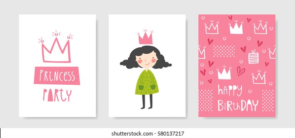 Set of cute creative card templates with princess theme design. Hand Drawn card for birthday, anniversary, party invitations, scrapbooking. Vector illustration in pink colors.