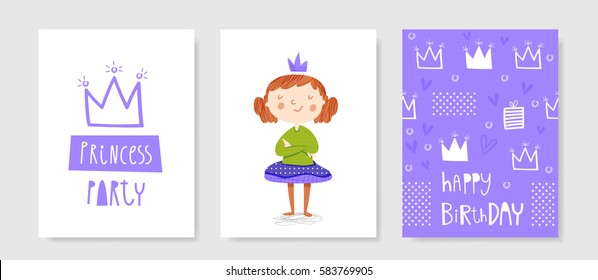 Set of cute creative card templates with princess theme design. Hand Drawn card for birthday, anniversary, party invitations, scrapbooking. Vector illustration in purple colors.