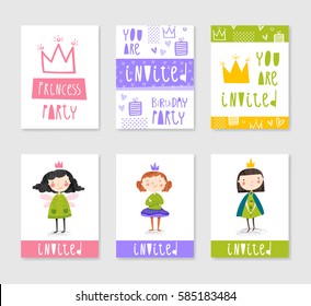 Set of cute creative card templates with princess theme design. Hand Drawn card for birthday, anniversary, party invitations, scrapbooking. Vector illustration in bright colors.