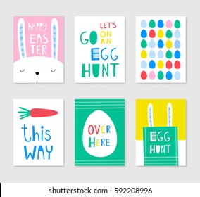 Set of cute creative card templates with Easter theme design. Hand Drawn. Hand Drawn card for Easter, egg hunt, party invitations, scrapbooking. Vector illustration in bright colors.