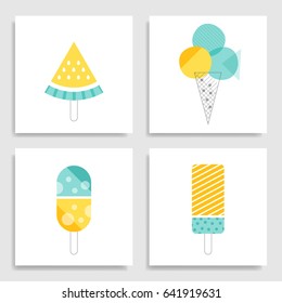Set of cute creative card templates with ice cream theme design. Hand Drawn. For birthday, anniversary, party invitations, holidays. Vector illustration in turquoise and yellow colors.