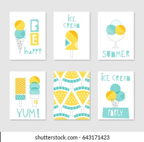 Set süße kreative Kartenvorlagen mit Eis-Design. Handgezeichnet. Zum Geburtstag, Jubiläum, Feierlichkeiten, Feiertage. Vektorgrafik in den Farben Türkis und Gelb.