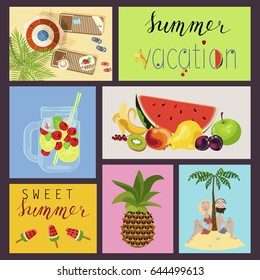 Set of cute creative card templates with summer elements. For party invitations, scrapbook, print on T-shirts and bags. Vector illustration eps 10