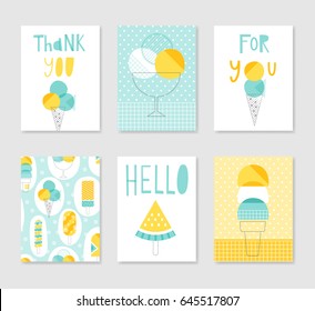 Set of cute creative card templates with ice cream theme design. Hand Drawn. For birthday, anniversary, party invitations, holidays. Vector illustration in turquoise and yellow colors.