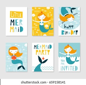 Set of cute creative card templates with mermaid theme design. Hand Drawn card for birthday, party invitations, scrapbook, summer holidays. Vector illustration in yellow, orange and blue colors.