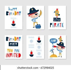 Set of cute creative card templates with pirate theme design. Hand Drawn card for birthday, party invitations, scrapbook, summer holidays. Vector illustration in yellow, red and blue colors.