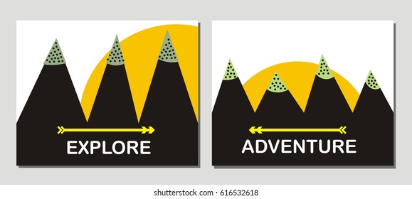 Set of cute creative cards with adventure theme design. Vector design templates for Posters, Journals Card, greeting cards, art decoration