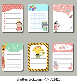 Set of cute creative cards with animals dressed as princess. Vector design templates for greeting / gift cards, posters etc.