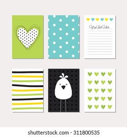 Set of cute creative cards with bird theme design. Vector templates for journaling / scrapbooking / greeting / gift cards, patterns, art decoration etc.