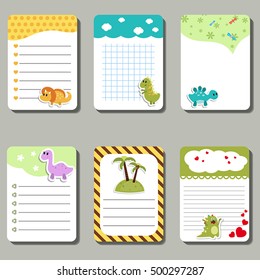Set of cute creative cards with cartoon dinosaurs. Vector design templates for greeting cards, posters etc.