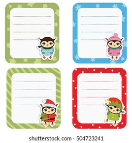 Set of cute creative cards with cartoon owls. Vector design templates for greeting cards, posters etc.