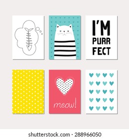 Set of cute creative cards with cat theme design. Vector design templates for greeting / gift cards, flyers, posters, banners, patterns, art decoration etc.