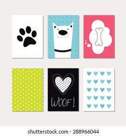 Set of cute creative cards with dog theme design. Vector design templates for greeting / gift cards, flyers, posters, banners, patterns, art decoration etc.