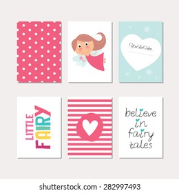 Set of cute creative cards with fairy theme design. Vector design templates for greeting / gift cards, flyers, posters, banners, patterns, art decoration etc.