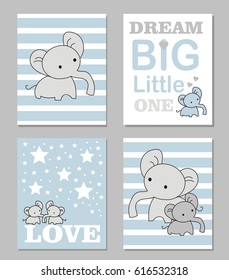 Set of cute creative cards with little elephant theme design. blue color theme. Vector design templates for Posters, Journals Card, greeting cards, art decoration