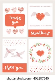 Set of cute creative cards with love theme design. Vector design templates for greeting / gift cards, flayers, posters, banners, patterns, art decoration etc.