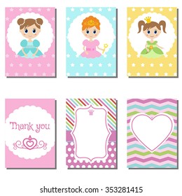 Set of cute creative cards with princess theme design. Vector design templates for greeting / gift cards,  posters etc.