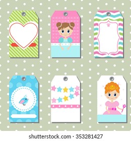 Set of cute creative cards with princess theme design. Vector design templates for greeting / gift cards,  posters etc.