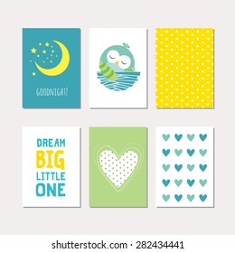 Set of cute creative cards with sleeping baby owl design. Vector design templates for greeting / gift cards, flyers, posters, banners, patterns, art decoration etc.