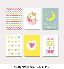 Set of cute creative cards with sleeping baby owl design. Vector design templates for greeting / gift cards, flyers, posters, banners, patterns, art decoration etc.