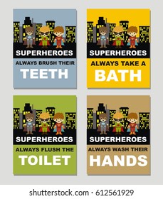 Set of cute creative cards with superheroes theme design.  Vector design templates for  Posters, Journals Card, scrapbooking cards, greeting cards, gift cards, art decoration