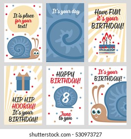 Set  cute creative cards templates with Happy birthday theme design. Hand Drawn card for birthday, anniversary, party invitations. Vector illustration