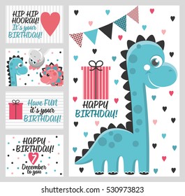 Set  cute creative cards templates with Happy birthday theme design. Hand Drawn card for birthday, anniversary, party invitations. Vector illustration