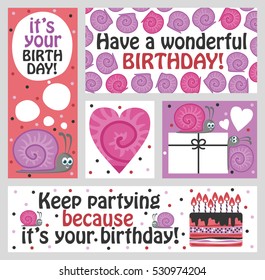Set  cute creative cards templates with Happy birthday theme design. Hand Drawn card for birthday, anniversary, party invitations. Vector illustration