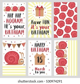 Set  cute creative cards templates with Happy birthday theme design. Hand Drawn card for birthday, anniversary, party invitations. Vector illustration