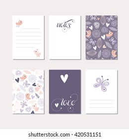 Set of cute creative cards. Vector templates for scrapbooking, greeting and gift cards, patterns, art decoration etc.