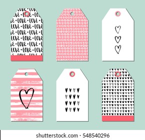 Set of cute creative gift tags with love theme design. Creative Hand Drawn card for wedding, anniversary, birthday, Valentine's day, party invitations. Vector illustration. White, pink and black.