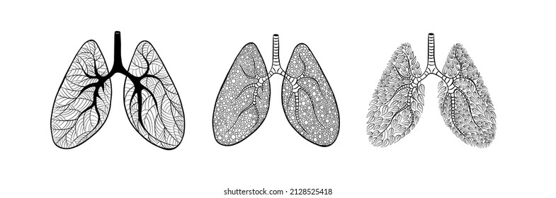 Set of cute and creative hand drawn lungs isolated on white background. Vector illustration.