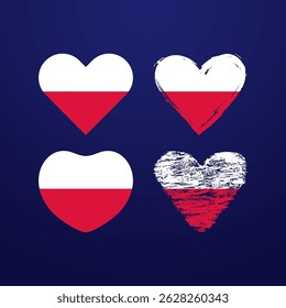 Set of cute creative hearts in the colors of the Polish flag. Classic and artistic style, red and white colours. Web icons. Gift template. Voting badge concept with copy space. Isolated design