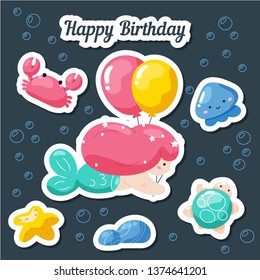 Set of cute creative stickers templates with mermaid theme design. Hand Drawn card for birthday, party invitations, scrapbook, summer holidays. Vector illustration of Mermaid, and cute sea animals
