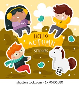 Set of cute creative stickers templates of a group of multi-ethnic children playing outdoors